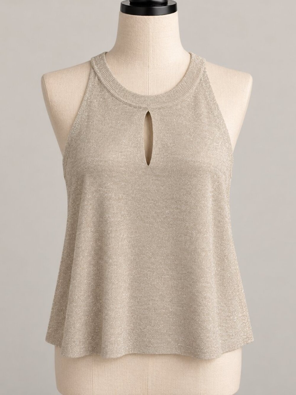 C090 Ecru Shimmer Metallic Halter Keyhole Tank Top